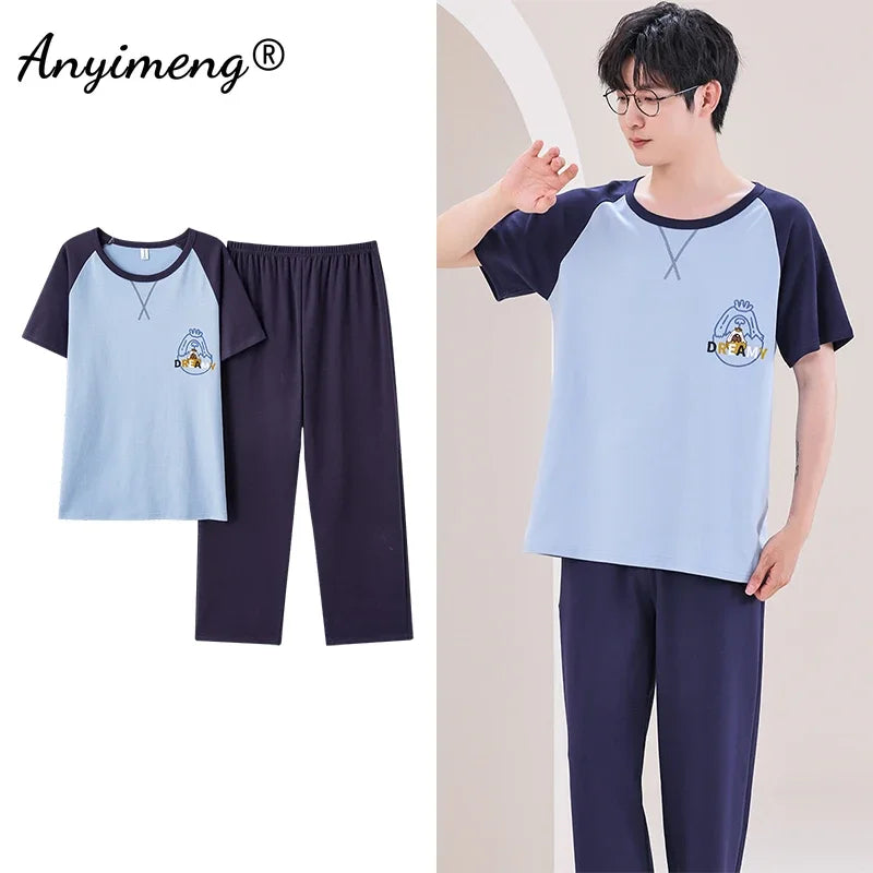 Mens Fresh Pajamas 3xl 4xl Sleepwear Short Sleeved Long Pants Cotton Leisure Pyjamas for Boy Plaid Pants Men Summer Nightwear