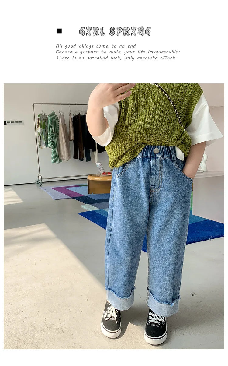 Spring summer Kids crimped wide leg jeans Boys and girls