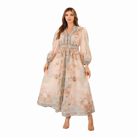 Eid Muslim Party Dress Women Ramadan Abaya Button Long Dresses Print Morocco Kaftan Islam Arab Dubai Robe Jalabiya 2024 Vestidos