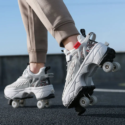 Retractable roller skates. Parkour sneakers, outdoor casual shoes