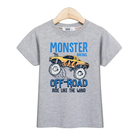 3-13T Baby Boys Monster Truck T-shirt Children Short Sleeved Cotton Clothing Summer Cartoon Shirt