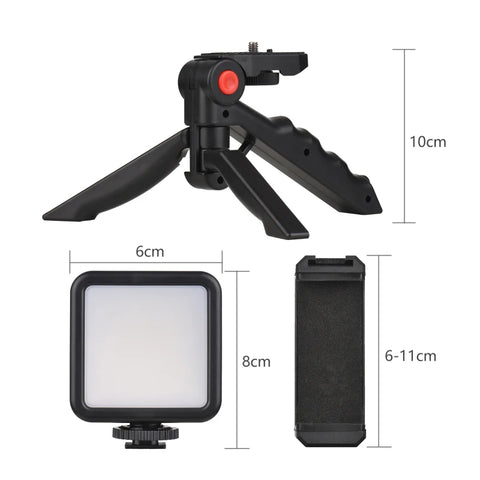 Smartphone Vlog Kit Mini LED Video Light Cardioid Microphone Extendable Phone Clip Tripod with Adjustable Brightness for Live