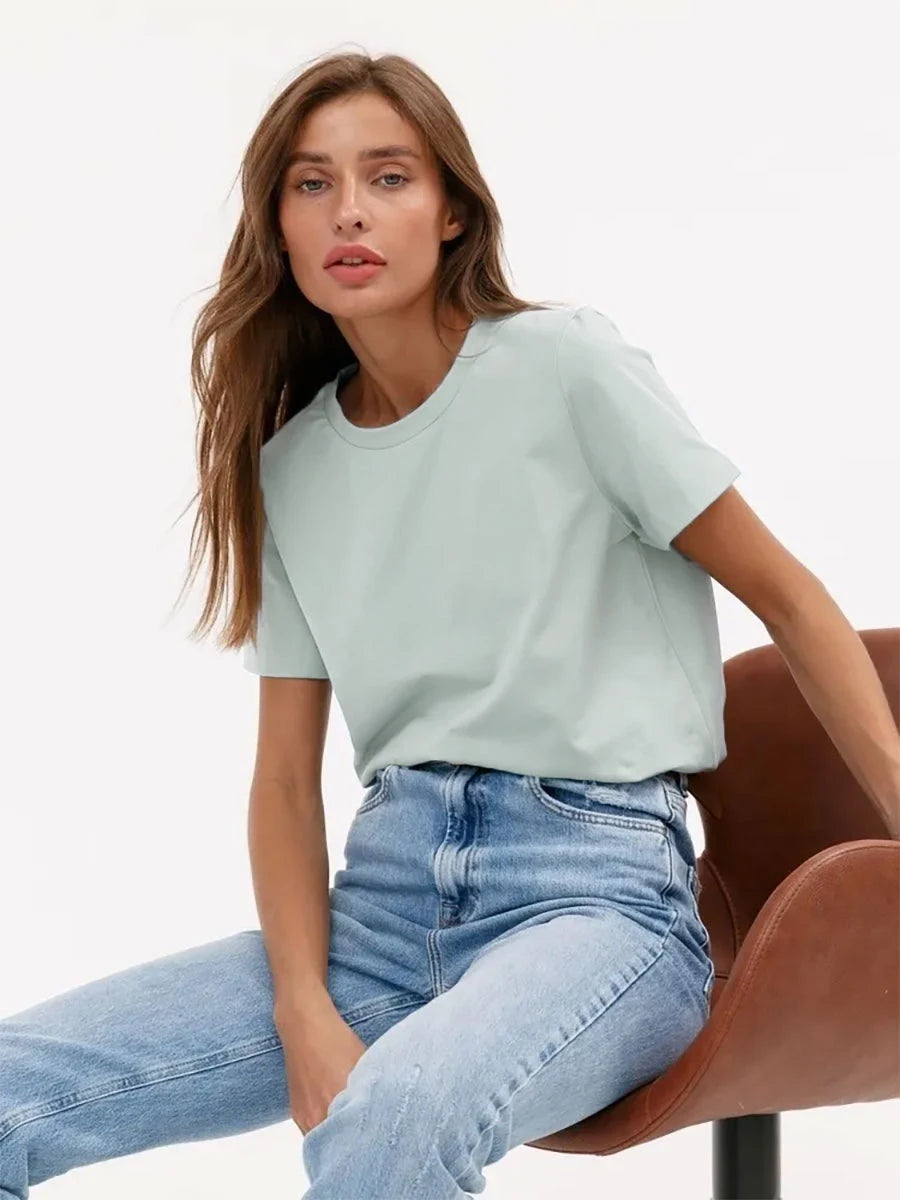 Basic Fashionable Solid Lady Short Sleeve Loose Tops Shirts