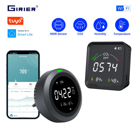 GIRIER Tuya Smart WiFi CO2 Sensor Smart Carbon Dioxide Meter Temperature Humidity Detector Monitor with LCD Screen 3 in 1 Meter