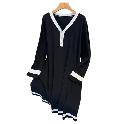 Spring Autumn New Ice Silk Knitting Long Sleeve V-Neck Dress