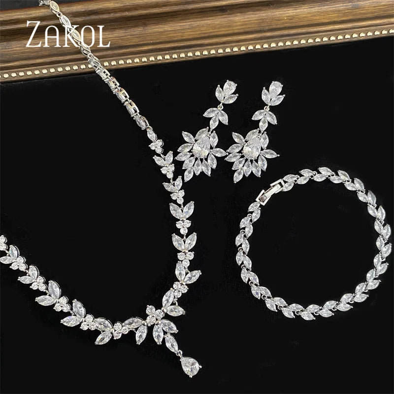 ZAKOL Luxury Cubic Zirconia Necklace Earrings Rings Set for Women Shinny Water Drop Leaf CZ Bridal Wedding Jewelry Sets