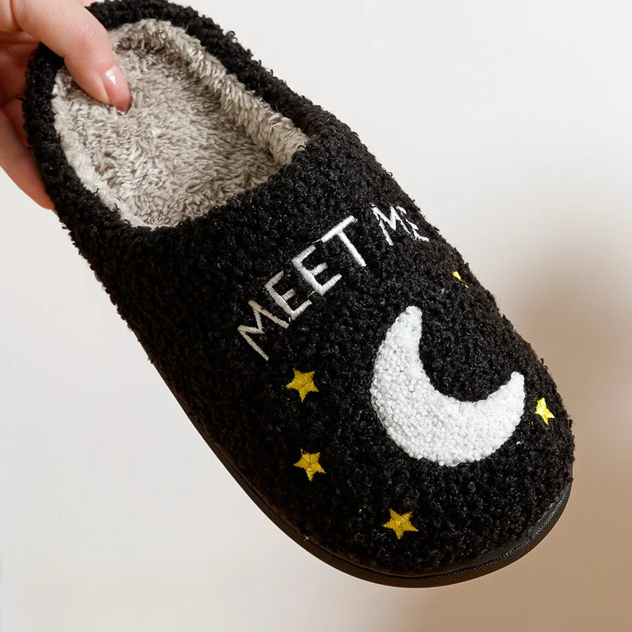 Fashion Winter Slippers Midnight Women Moon and Clock Indoor Home Warm Casual Exquisite Soft Flat Cotton Houseshoes Taylor