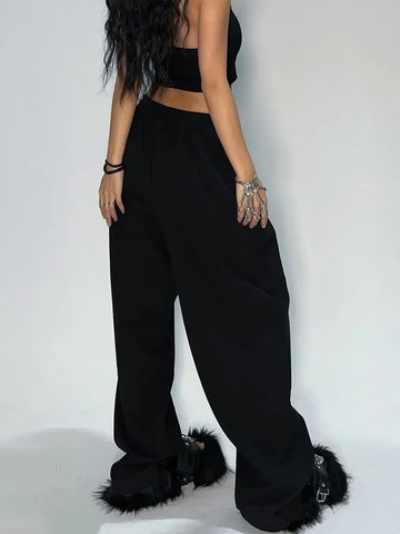 Deeptown Casual Gray Sweatpants Women Wide Leg Black Joggers Classic Baggy Streetwear Oversized Sports Female Trousers All-match