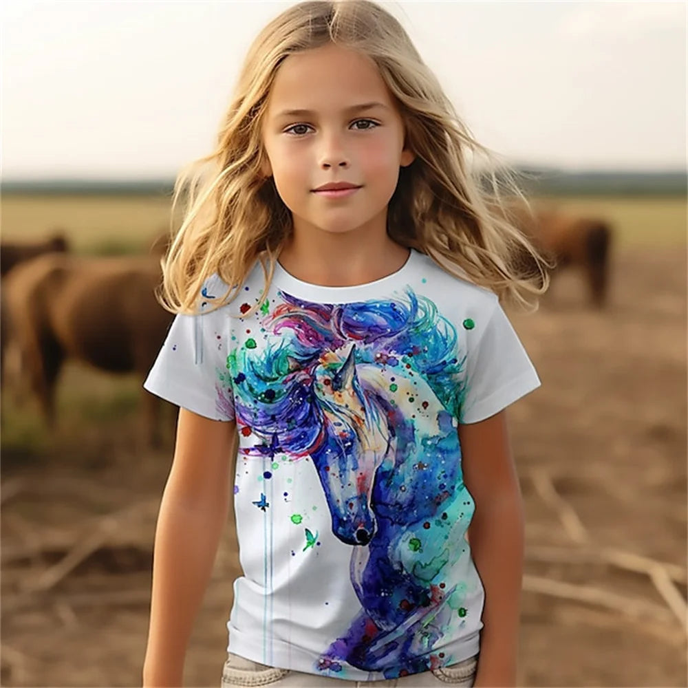 Cat Short Sleeve Horse Child Tshirt Summer Kawaii Kid T-Shirt For Children Tops Fashion Tee Girls Clothes From 8 To 14 Years Old