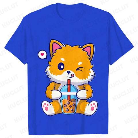 Boba Fox Drinking Print Blouse Women Clothing Fashion Kawaii Cartoon Fox Graphic T-shirts Anime Harajuku Tops Short Sleeve Tees