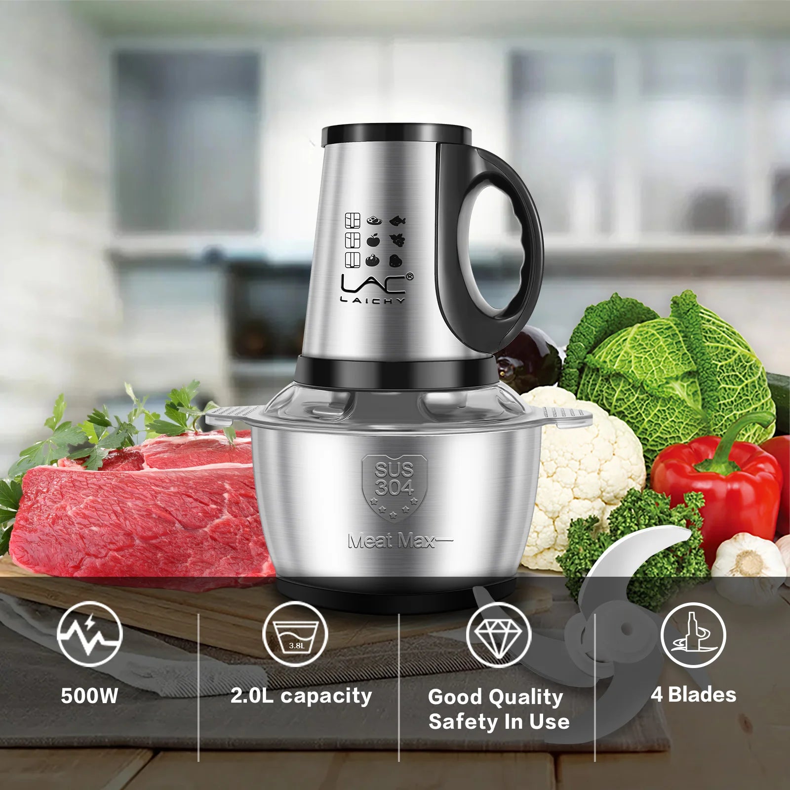 LAC Electric Food Rapid Processing Machine Multifunctional Stainless Steel 2l Easy-To-Clean Household Meat Grinder With Handle