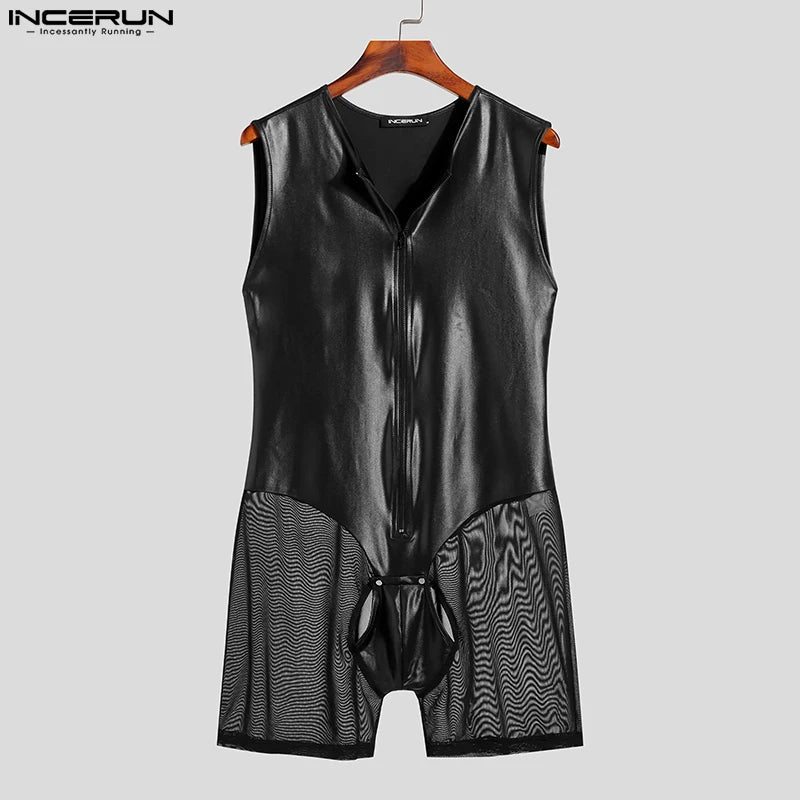 IMen Sexy All-match Bodysuit Leather Patchwork