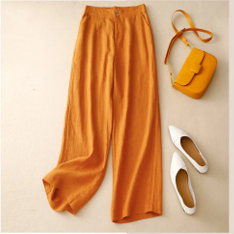 Linen High Waist Solid Color Wide Leg Pants