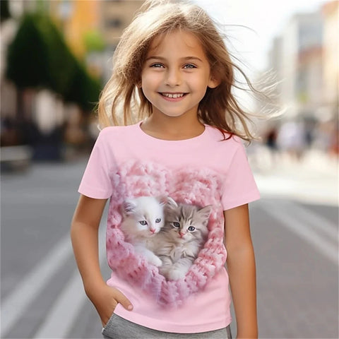 Cat Short Sleeve Horse Child Tshirt Summer Kawaii Kid T-Shirt For Children Tops Fashion Tee Girls Clothes From 8 To 14 Years Old