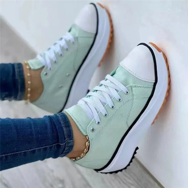 Classic White Canvas Shoes Women Sneakers Solid Lace-Up Casual Platform Shoes