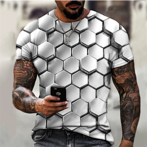 3D digital printed wave grid pattern men's short sleeve T-shirt