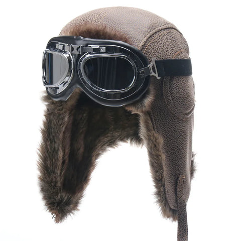 Goggles Outdoor Motorcycle Windproof Warm Faux Fur Pilot Earflap Hat