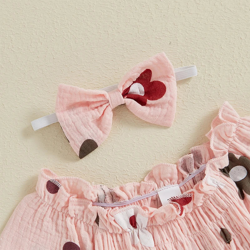 Newborn Baby Girls Casual Rompers Floral/Cherry Print Ruffles Long Sleeve Pleated Cotton Jumpsuits One-pieces Headband Outfits