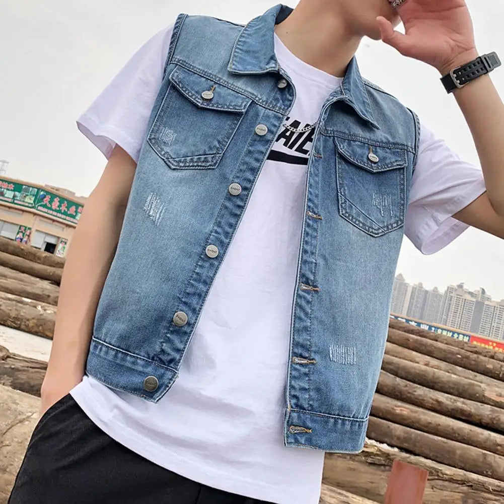 Men's Sleeveless Denim Jacket with Ripped Holes Pocket