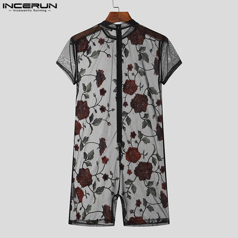American Style Sexy New Men Homewear Jumpsuits Perspective Thin O-Neck Flower Printing Short Sleeve Bodysuits S-3XL