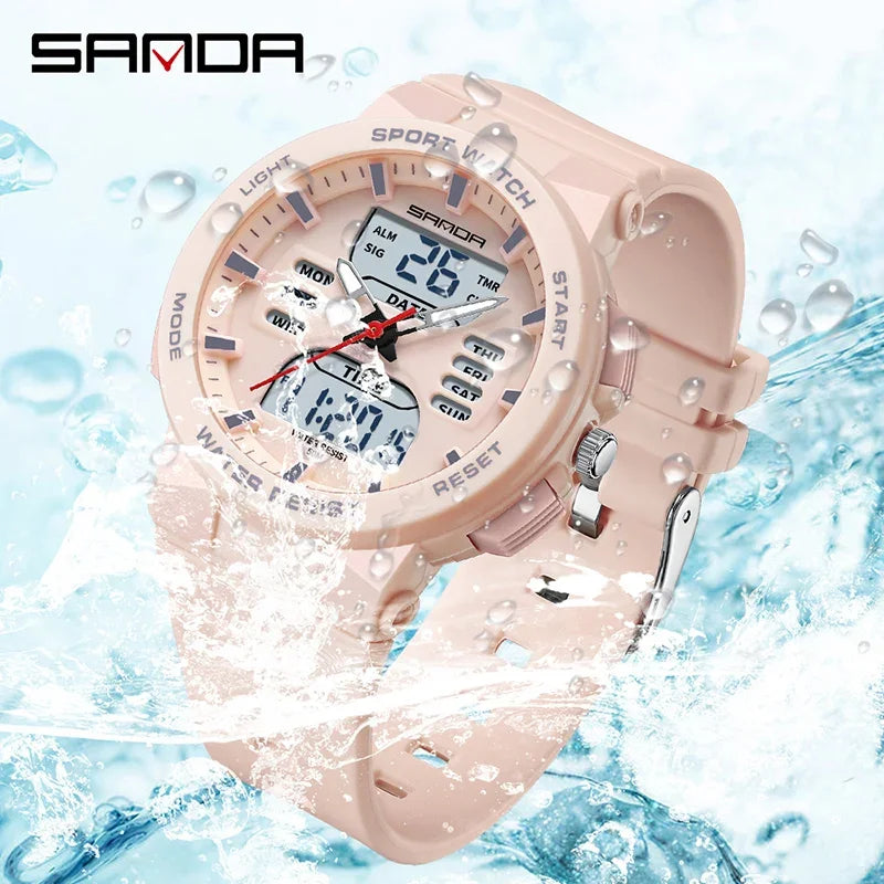 SANDA Luxury Ms LED Digital Sport Watch Fashion Casual Ladies Dual Display Watch Women Girl Military Waterproof Quartz Watches