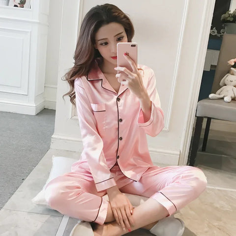 Womens Silk Satin Pajamas Set Sleepwear Pijama Women's Loungewear Pajamas Suit Female Sleep Two Piece Set Feminino Fofo Pyjamas