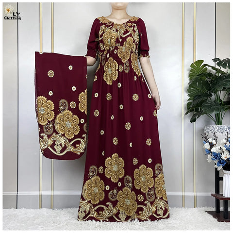 New Summer Muslim Abayas Fashion For Women Floral Elasticity Loose Femme Elegant Robe Maxi African Casual Dresses With Turban