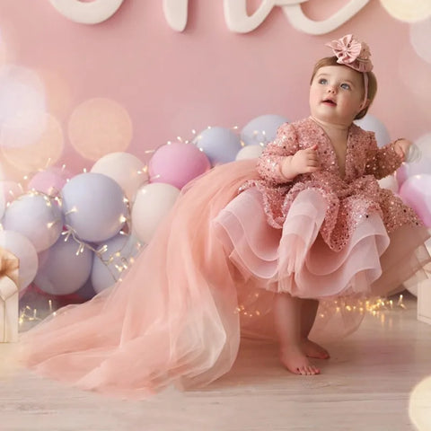 Flower Girl Dresses Cute Pink Glitter Sequined Shiny Puffy