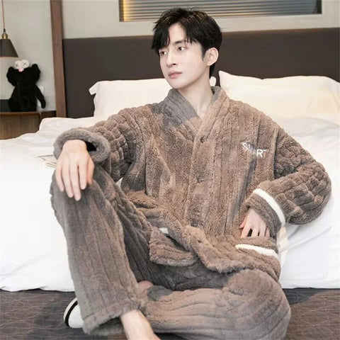 Men Winter Warm Flannel Pajamas Set V-neck