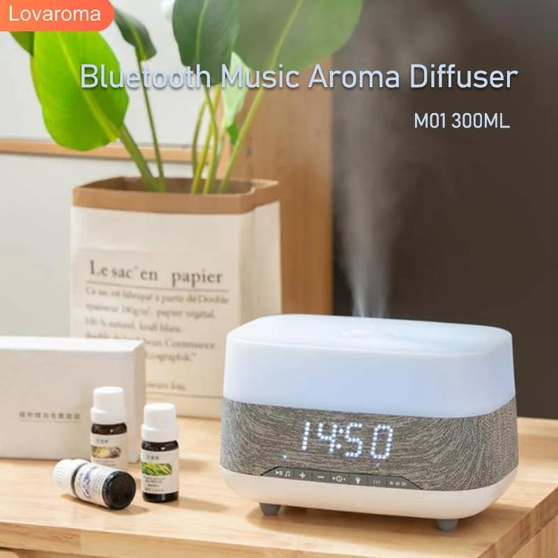 Lovaroma 300ml Cool Mist Humidifier Aroma Diffuser Essential Oil Bluetooth Speaker Alarm Clock 7 Colors Lights Timer Home Office