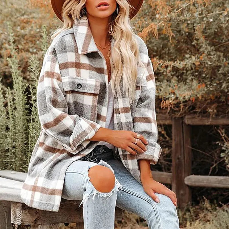 Autumn Womens Plaid Jacket Long Sleeve Lapel Button-Down Shirts Wool Blend Shacket Coat Casual Tops Outwear with Pocket Jackets