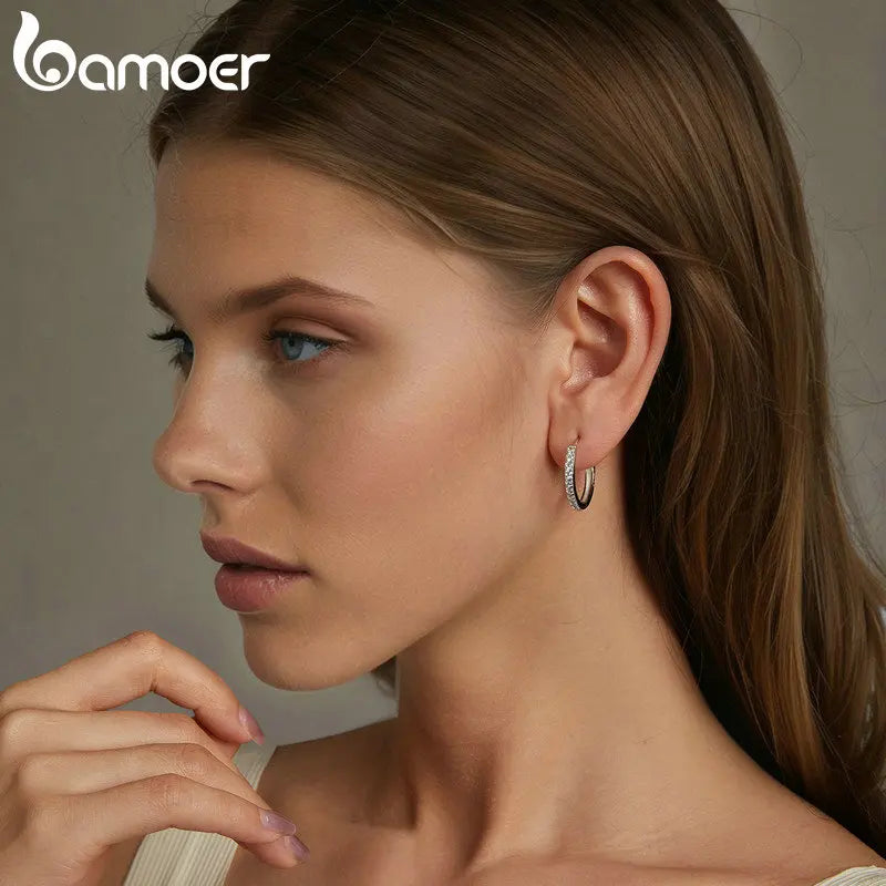 BAMOER 925 Sterling Silver Classic CZ Huggie Hoop Earrings, White Gold Plated Cartilage Piercing Earrings Ear Cuff for Women