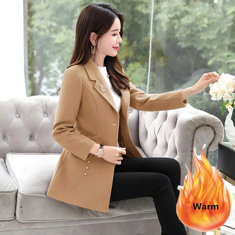 Autumn Winter Thick Woolen Jackets Slim Mid-length Womens Abrigos Warm Quilted Classic Outerwear Elegant Luxury Wool Blend Coats