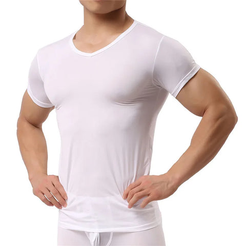 Man Undershirt Ice Silk T Shirts Male Nylon V-neck Short Sleeves Tops Ultra-thin Cool Sleepwear Undershirt