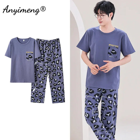 Mens Fresh Pajamas 3xl 4xl Sleepwear Short Sleeved Long Pants Cotton Leisure Pyjamas for Boy Plaid Pants Men Summer Nightwear