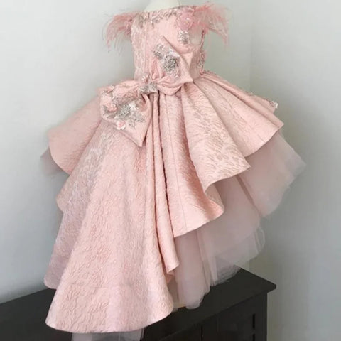 Flower Girl Dresses Pink Tulle Puffy Satin Pattern Appliques With Bow Feather Sleeve For Weding Birthday Banquet Princess Gowns