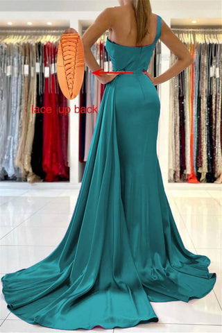 GDYBAO Womens One Shoulder Bridesmaid Dresses Long Train Mermaid Prom Dress Bodycon Wedding Party Evening Gowns with Slit