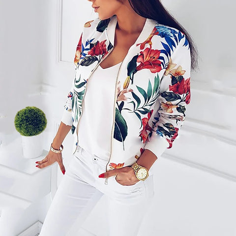 Women Floral Printed Jackets Spring Autumn Long Sleeve Zipper