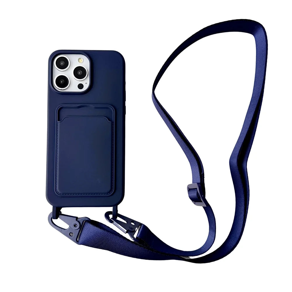 Crossbody Lanyard Necklace Rope Wallet Silicone Case For iPhone 15 Plus 14 13 12 11 Pro Max Slot Card Holder Plain Back Cover