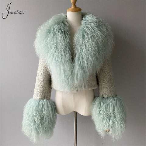 Fur Collar Cuffs Winter  Fashion Solid  Color Tweed Cropped Jacket Fall New Arrival