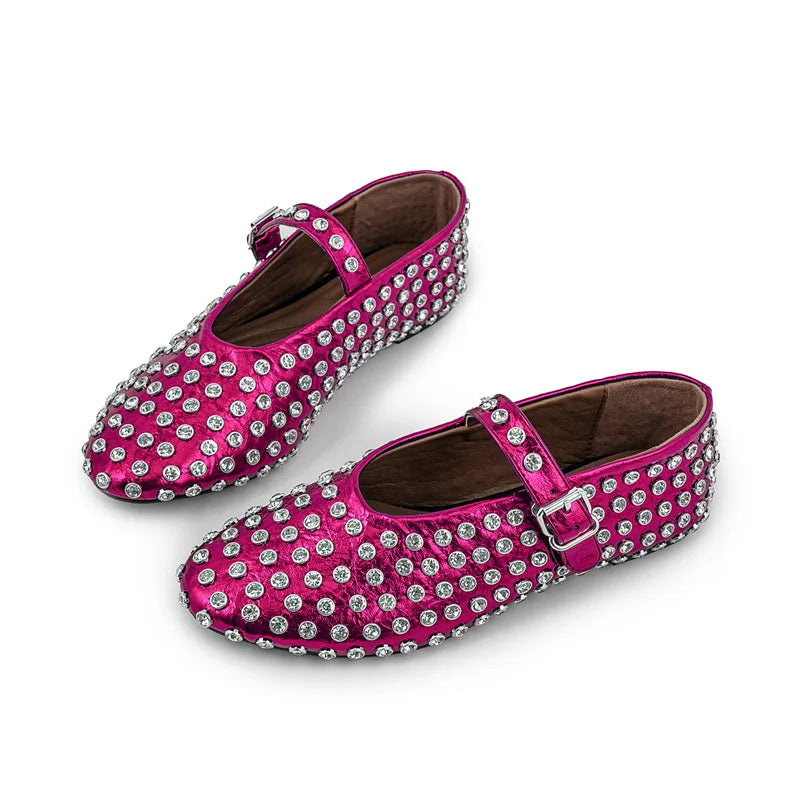 European and American Women's Fashionable Diamond Studded Mary Jane Single Shoes Casual Flat Bottomed Round Toe Buckle Shoes