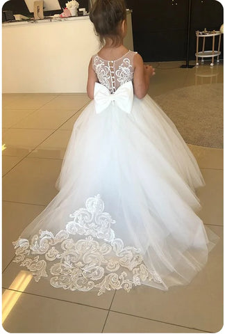 White Lace Child Flower Girl Dress Tulle Appliques Princess Floor Length for Wedding Party Baptism First Communion Gown