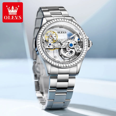 OLEVS Fully Hollow Out Mechanical Watch for Women Luxury Fashion Diamond Lap Ladies Wristwatch Elegant Automatic Women's Watches