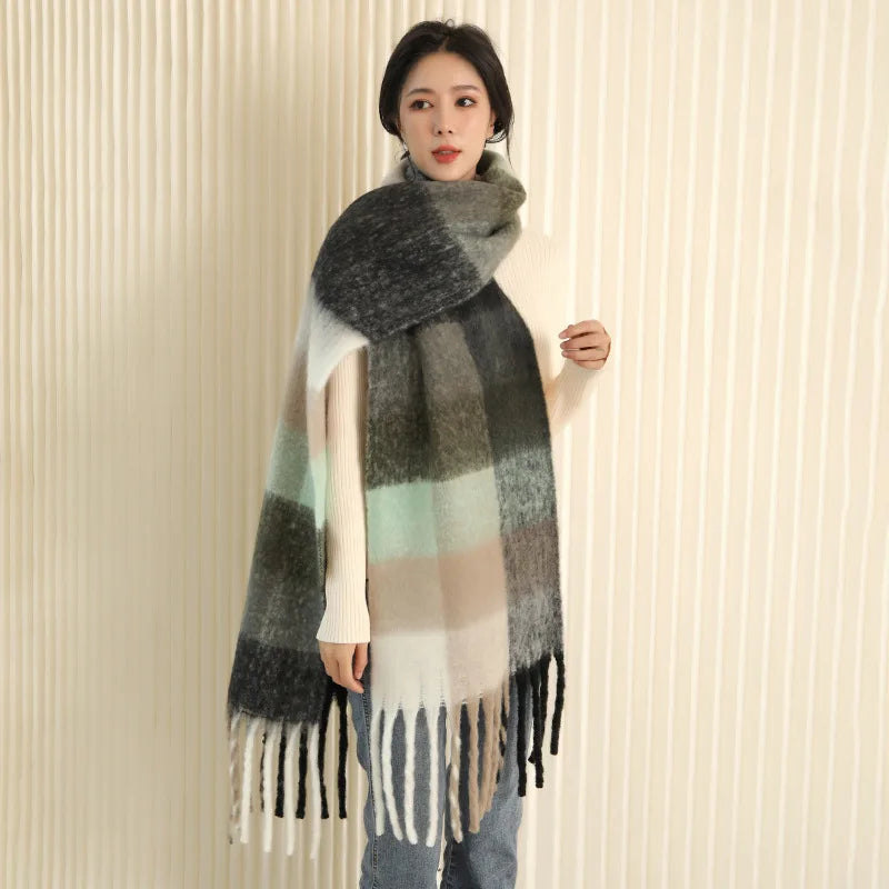 35 *220CM Luxury Checked Scarf Warm in Winter Cashmere Like Feel Rainbow Checked Fashion Versatile Women Tassel Shawl Scarf