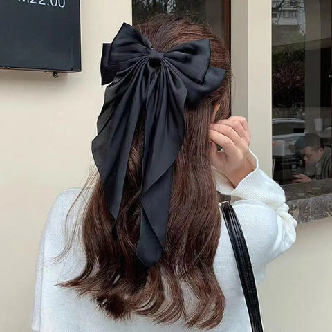 Elegant Large Bow Ribbon Hair Clip for Women Fashion Simple Solid Satin Spring Clip Ponytail Bow Hairpin Girls Hair Accesso K7U8