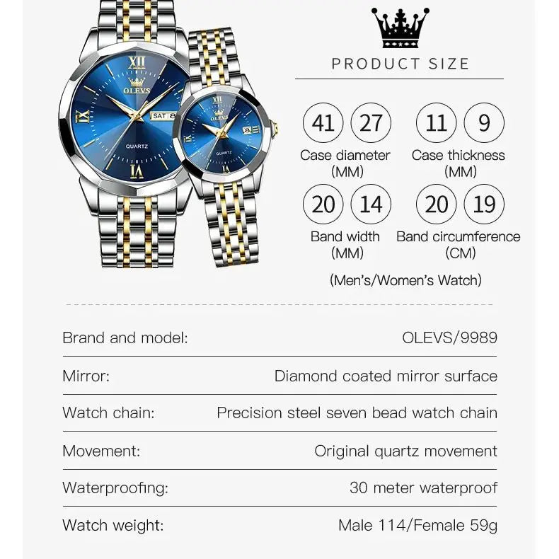 OLEVS NEW Couple Watches for Men Women Prismatic Mirror Stainless steel Lover's Quartz Watches Hers and His Wristwatch Set Gift