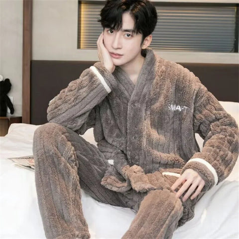 Men Winter Warm Flannel Pajamas Set V-neck