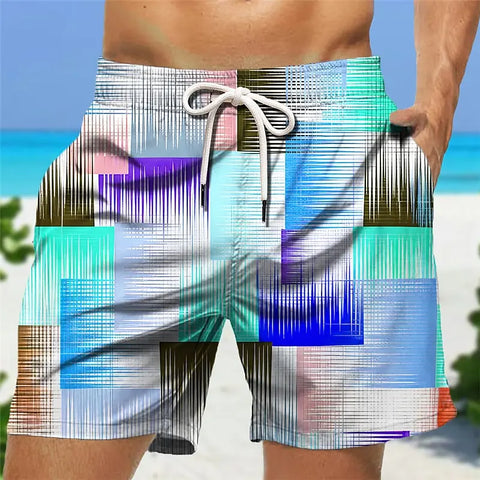 Casual Colourful Plaid Printed Shorts with Pocket Summer Men's Outdoor Daily Sports Shorts Large Size Loose Holiday Beach Trunks