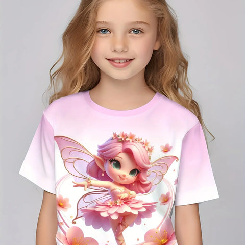 Children Clothing Girls Enchanting 3d Fairy Print Short Sleeve T Shirt Tops Comfortable Crew Neck Casual Tees Kids Girl Clothes