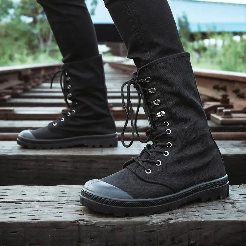 Mid-calf Men Canvas Boots Lace Up Tactical Men Shoes